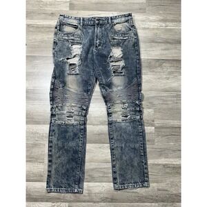 IMPERIOUS Mens Acid‎ Wash Zippers Destroyed Motor Cross Denim Jeans 36/32